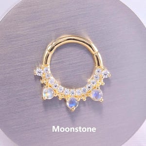 14K Solid Gold Moonstone Clicker/Moissanite Septum Ring/Moonstone Cartilage Hoop/Moissanite Nose Ring/Moonstone Conch Hoop/Daith Huggie Ring