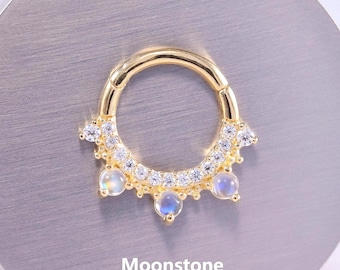 14K Solid Gold Moonstone Clicker/Moissanite Septum Ring/Moonstone Cartilage Hoop/Moissanite Nose Ring/Moonstone Conch Hoop/Daith Huggie Ring