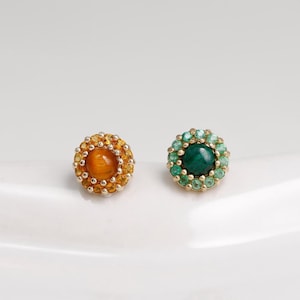 14K Solid Gold Malachite Beaded Halo Helix Stud Earring/Dainty Vintage Citrine Cartilage Flat Back/Gold Sunburst Conch Earlobe Piercing
