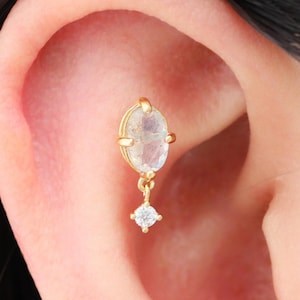 14K Solid Gold Dangle Labradorite Stud Earring/Moissanite Drop Earring/Gemstone Dangle Stud/Flat Back Earring/Helix Stud/Conch Earring