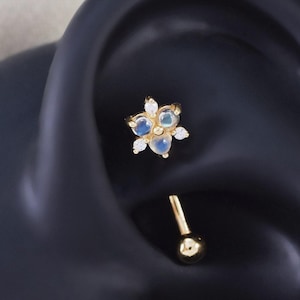 14K Solid Gold Moonstone Rook Earring/Floral Curved Barbell Rook Piercing/Dainty Gemstone Rook Earring/Cartilage Piercing/Eyebrow Earring