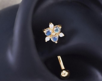 14K Solid Gold Moonstone Rook Earring/Floral Curved Barbell Rook Piercing/Dainty Gemstone Rook Earring/Cartilage Piercing/Eyebrow Earring