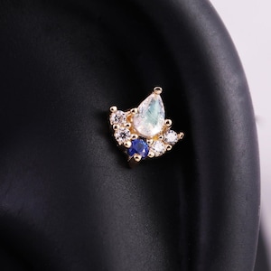 14K Solid Gold Labradorite Stud Earring/Blue Sapphire Cartilage Stud/Flat Back Moissanite Stud/Threadless Helix Tragus Conch Piercing