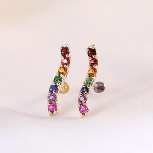 14K Solid Gold Rainbow Garnet Blue Sapphire Stud/S Shaped Citrine Stud/Ruby Amethyst Tsavorite Earring/Flat Back Stud/Threadless Push Pin