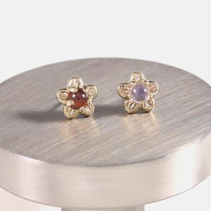 14k Solid Gold Floral Moonstone Earring/Garnet Cartilage Stud/Gold Helix Conch Tragus Piercing/Moonstone Labret Stud/Threadless Push Pin