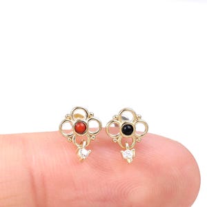 14K Solid Gold Clover Dangle Earring/Red Agate Black Onyx Moissanite Floral Stud/Threadless Cartilage Piercing/Helix Flat Back Earring