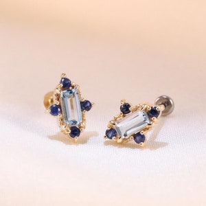 14K Solid Gold Swiss Blue Topaz Helix Stud/Irregular Sapphire Cartilage Stud/Gemstone Earring/Flat Back Earring/Theadless Stud/ Conch Stud