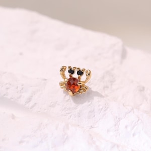 14K Solid Gold Red Garnet Stud/Black Spinel Cute Crab Cartilage Stud/Garnet Rose Cut Helix Tragus Conch Stud Earring/Flat Back Earring