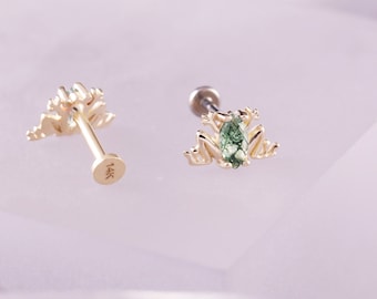 14K Solid Gold Moss Agate Frog Gemstone Ends/Cartilage Piercing/Animal Earring/Flat Back Earring/Tragus Helix/Conch Stud/Green Gemstone Stud