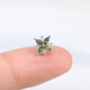 14k Solid Gold Moosachat Blumen Ohrring/Moissanite Knorpel Piercing Stud/Conch Helix Tragus Stud/Flat Back Ohrring/threadless Nase Stud