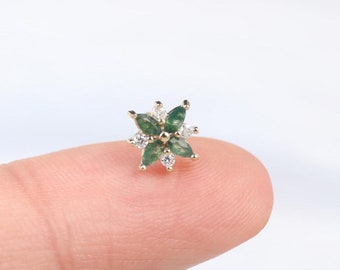 14k Solid Gold Moss Agate Floral Earring/Moissanite Cartilage Piercing Stud/Conch Helix Tragus Stud/Flat Back Earring/Threadless Nose Stud
