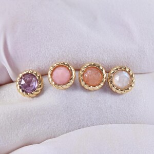 14K Solid Gold Blue Moonstone/Orange Moonstone/Amethyst/Pink Opal Round Stud/Threadless Push Pin/Helix Conch Stud Earring/Flat Back Earring