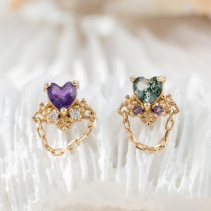 14K Solid Gold Herz Amethyst / Moosachat Baumeln Kette Ohrstecker / Herz Moissanite Dainty Stud / Lobe Conch Helix Drop Stud / Geschenk für Sie