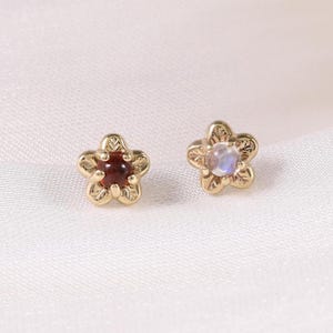 14k Solid Gold Floral Moonstone Earring/Garnet Cartilage Stud/Gold Helix Conch Tragus Piercing/Moonstone Labret Stud/Threadless Push Pin