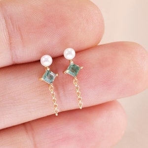14K Solid Gold Moss Achat baumeln Bolzen/Perle Tropfen Ohrring/Conch Helix Piercing/Filigrane Edelstein Bolzen/Threadless Push Pin/flache Rückseite Ohrring
