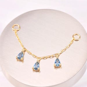 Cadena colgante de topacio azul Londres en oro macizo de 14 k, accesorio para piercing en forma de pera, conector de cadena de enlace, cadena de bucle de cartílago azul