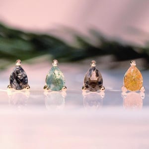 14K Solid Gold Teardrop Smoky Quartz Cartilage Earring/Moss Agate Earlobe Stud/Black Rutilated Quartz Piercing/Pear Hair Quartz Nose Stud