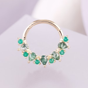 14k Solid Gold Moss Agate Daith Piercing Clicker/Chrysoprase Hinged Ring/Nose Septum Ring/Moss Agate Hoop Earring/Gold Helix Clicker 16g
