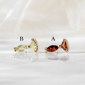 14k Solid Gold Garnet Goldfish Stud Earring/Peridot Cartilage Conch Stud/Tragus Helix Nose Piercing/Threadless Push Pin/Flat Back Earring