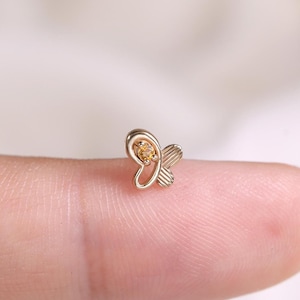 14K Solid Gold Citrine Cartilage Stud/Butterfly Shape Conch Earring/Citrine Threadless Helix Stud/Gemstone Stud Piercing/Flat Back Earring