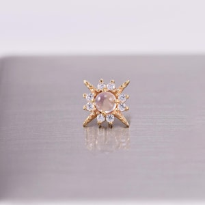 14K Solid Gold Moonstone Sun Stud Earring/Threadless Starburst Cartilage End/Flat Back Earring/Helix/Tragus/Conch Moissanite Stud Earring