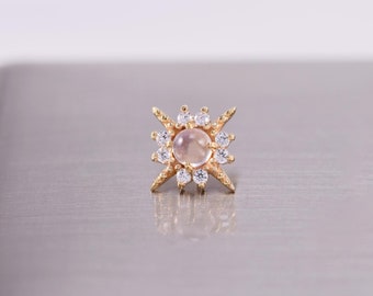 14K Solid Gold Moonstone Sun Stud Earring/Threadless Starburst Cartilage End/Flat Back Earring/Helix/Tragus/Conch Moissanite Stud Earring