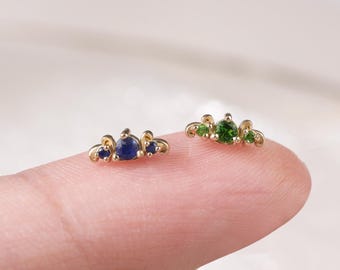 14K Solid Gold Sapphire Chrome Diopside Ear Climbers/Gold Gemstone Cartilage Conch Helix Stud/Minimalist/Flat Back Earring/Threadless Stud