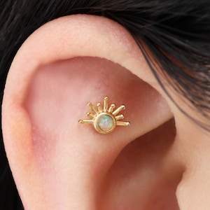 14K Solid Gold Natural Opal Sun Shape Stud/Half Sun Cartilage Helix Piercing/Gold Conch Earring/Threadless Push Pin/Flat Back Earring