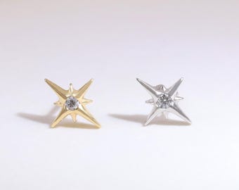 14k Solid Gold Moissanite Star Cartilage Stud/Tiny Earlobe Conch Helix Tragus Piercing/Threadless North Star Nose Stud/Flat Back Earring