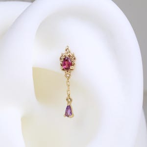 14k Solid Gold Rhodolite Garnet & Amethyst Cartilage Chain Dangle Stud Earring Purple Gemstone Drop Helix Conch Flat Back Piercing Jewelry