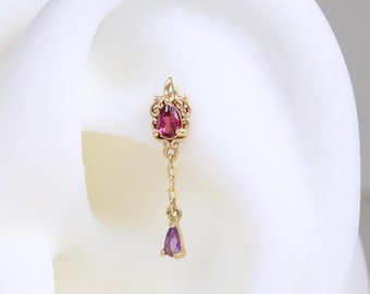 14k Solid Gold Rhodolite Garnet & Amethyst Cartilage Chain Dangle Stud Earring Purple Gemstone Drop Helix Conch Flat Back Piercing Jewelry