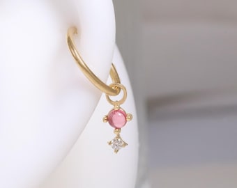 14k Solid Gold Dangle Pink Tourmaline Charm/Moissanite Hoop Charm/Linking Dangle Clicker Charm/Helix Hoop Charm/Cartilage Hoop Charm