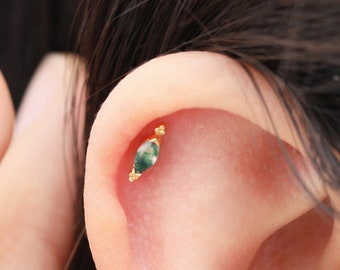 Ohrstecker aus 14-karätigem Gold mit Moosachat im Marquise-Schliff / Ohrstecker ohne Gewinde / Ohrring mit Ösenverschluss / Helix-Piercing mit Moosachat / Piercing mit flacher Rückseite
