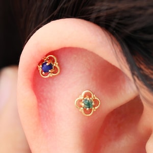 14k Solid Gold Moss Agate Floral Earring/Lapis Lazuli Cartilage Piercing Stud/Moss Agate Conch Helix Stud/Tragus Earring/Flat Back Earring