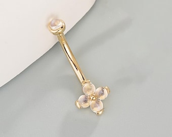 14K Solid Gold Flower Threaded Rook Earring/Moonstone Curved Barbell Earring/Eyebrow Ring/Belly Button Ring/Rook Body Piercing Jewelry 16G