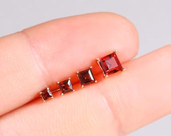 14K Solid Gold Garnet Stud Earring Dainty Square Shape Cartilage Stud Threadless Helix Conch Tragus Piercing Minimalist Gemstone Jewelry