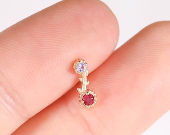 14k Solid Gold Ruby Rose Branch Earring/Tanzanite Floral Cartilage Earring/Gemstone Helix Conch Stud/Gold Tragus Earring/Threadless Push Pin