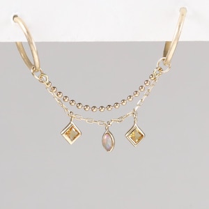 14K Solid Gold Dangle Opal Helix Chain Attachment, Drop Citrine Cartilage Earlobe Nose Chain Piercing, Delicate Bead & Cable Chain Accessory
