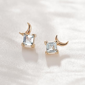 14K Solid Gold Square Swiss Blue Topaz Stud Earring/ Dainty Blue Gem Crescent Moon Cartilage Piercing / Minimalist Celestial Helix Jewelry