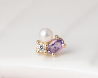 14K Solid Gold Pearl Amethyst Moissanite Cluster Stud/Dainty Cartilage Earring/Threadless Flat Back Helix Conch Tragus Piercing Jewelry