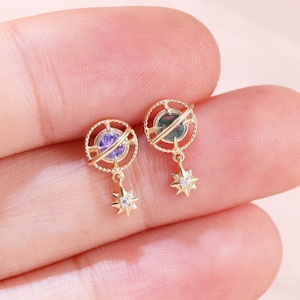 14K Solid Gold Dangle Planet Tanzanite Earring/ Universe Moss Agate Stud/ Space Earring/Flat Back Earring/Threadless Dangle Star Helix Stud