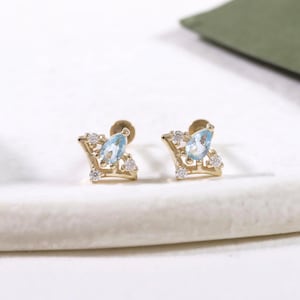 14K ソリッド ゴールド スイス ブルー トパーズ スタッド/モアッサナイト 軟骨ピアス/ヘリックス コンク ピアス/スレッドレス プッシュピン/フラット バック イヤリング/ノーズ スタッド