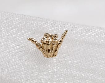 14K Solid Gold Tiny Shaka Hand Helix Stud Earring/ Hang Loose Gesture Cartilage Flat Back Earring/ Dainty Tragus Conch Earlobe Nose Piercing