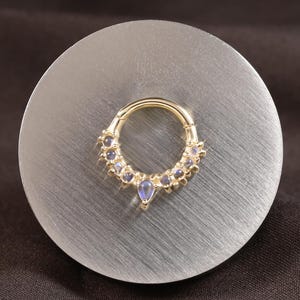 14K Solid Gold Moonstone Clicker Hoop • Pear Gem Septum Ring • Conch Helix Daith Cartilage Piercing Jewelry • Hinged Gold Nose Ring