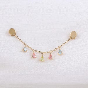 Pingente de corrente em ouro maciço 14K com topázio azul Londres, turmalina rosa e peridoto/Conector pendente para piercing na cartilagem/Corrente delicada para fixação