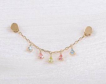 14K Solid Gold Chain Charm with London Blue Topaz, Pink Tourmaline & Peridot/Dangle Connector for Cartilage Piercing/Dainty Attachment Chain
