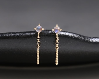 14K Solid Gold Moonstone Dangle Stud Earring, Dainty Drop Bar Cartilage Threadless Pin, Gold Minimalist Earlobe Helix Piercing Jewelry