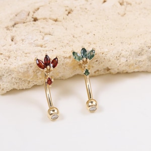 14K Solid Gold Garnet Floral Internal Threaded Rook Earring Dainty Flower Moss Agate Rook Ring Eyebrow Ring Moissanite Curved Earring