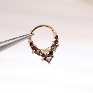 14K Solid Gold Smoky Quartz Teardrop Daith Hoop Clicker/Garnet Septum Ring/Moissanite Nose Septum/Smoky Quartz Daith Hoop/Huggie Ring 16g
