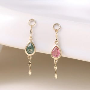 14k Solid Gold Moss Agate Dangle Hoop Charm/Pink Tourmaline Cartilage Hoop Charm/Teardrop Dangle Charm/Lip Chain Conch Helix Charm